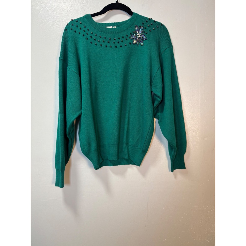 Vintage Tan Jay Green Beaded Sequin Flower Sweater Medium‎ D9925
